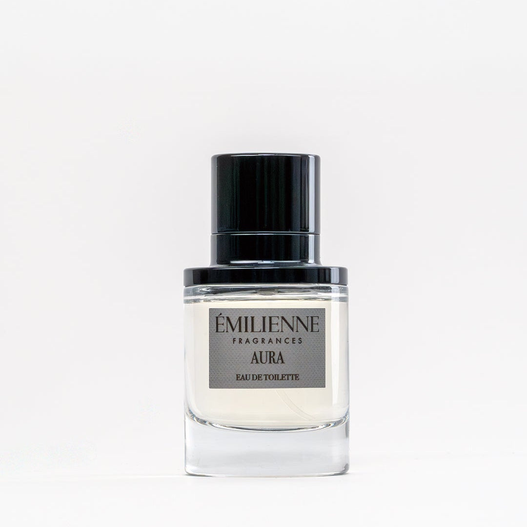Perfume bottle labeled 'Emilienne Parfumerie Aura' on a white background